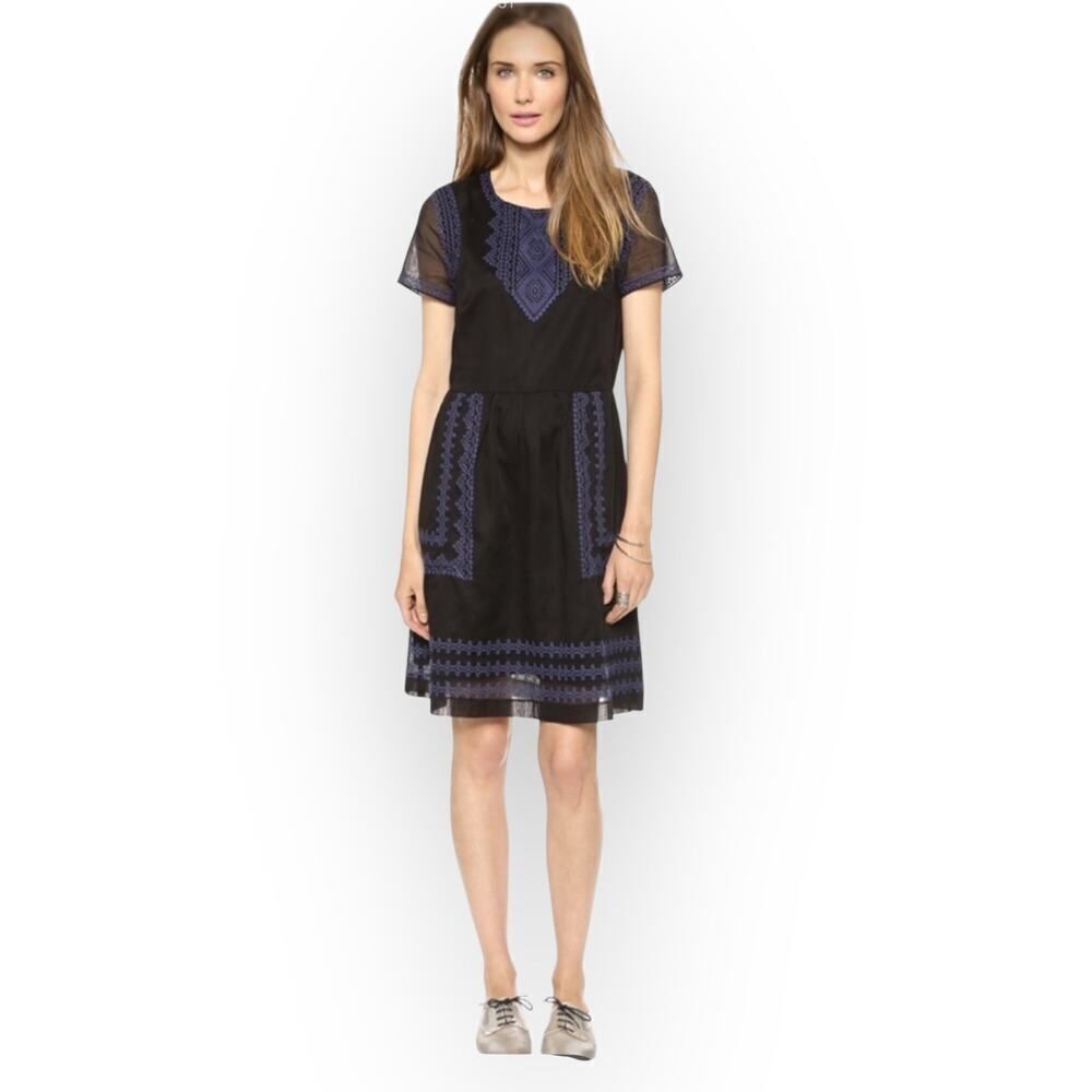 Madewell Augustine Dress Women's 2 Black Blue Embroidered Short Sleeve
